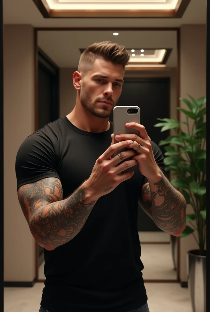 a young man AI high quality muscular tattoo with name “ruy” tanned skin piercing gaze with closet background with iPhone 15 cell phone in hand taking photo mirror 