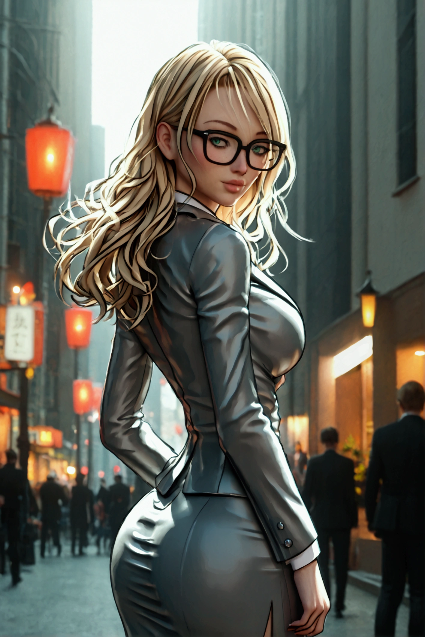 sexy woman,slim,(huge breasts)(busty)(huge legs)(Wide hips and small waist)(huge ass)He wears a formal grey jacket with a white shirt,and a short grey skirt,her outfit is very tight on her,She has medium blonde hair,very striking green eyes, glasses.She is walking through a city (hyper realistic background)(very detailed background)(Woman with her back to the bed and posing)(Look at the camera)(Her ass is in close-up in front of the camera)(perfect and sexy curves)(Daytime city background)