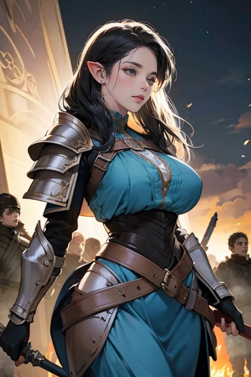 a beautiful night-black haired elf with celestial blue eyes, thin lips, round face, enormous breasts, wide hips, wearing elven battle armor, ready for combat, imposing and beautiful, cinematic battlefield scene, character design, romanticism, bokeh, silhouette, close-up, anatomically correct, high resolution, masterpiece, high detail