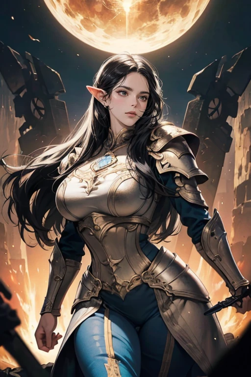 a beautiful elven woman with long black hair as night, celestial blue eyes, thin lips, round face, enormous breasts, wide hips, wearing elven battle armor, ready for combat, imposing and beautiful, battlefield scene, intricate details, cinematic lighting, dramatic composition, hyper realistic, 8k, photorealistic, masterpiece