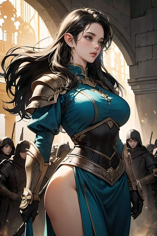 a beautiful elven woman with long black hair as night, celestial blue eyes, thin lips, round face, enormous breasts, wide hips, wearing elven battle armor, ready for combat, imposing and beautiful, battlefield scene, intricate details, cinematic lighting, dramatic composition, hyper realistic, 8k, photorealistic, masterpiece