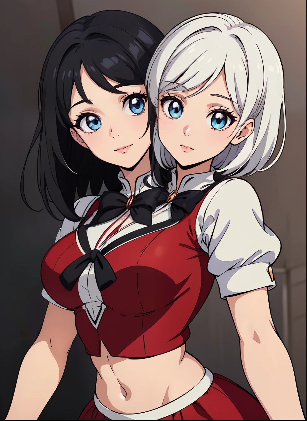 ((best quality), (high quality), (detailed), (masterpiece), good artist, (2heads:1.5), 1girl, ((white hair)), ((black hair)), magical girl, magical girl dress ((red dress)), A girl with beautiful detailed eyes, (detailed hairstyles), strong and confident expressions, ((exposed midriff))