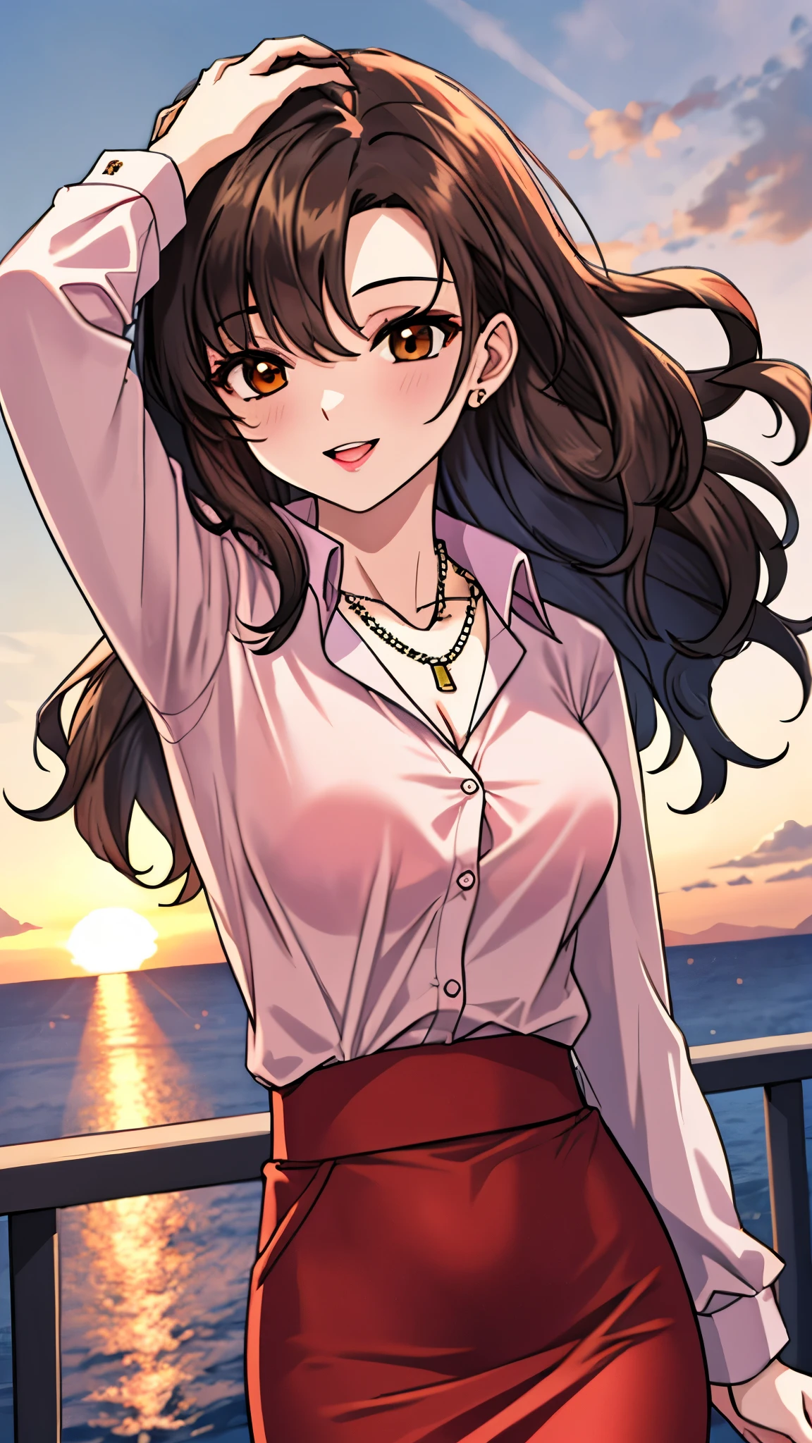 （（super high quality,））（（Ultra-high resolution,））（16K,）（super masterpiece,）（（Ultra HD ,））（Detailed shading,）Shooting from below,Upper body photo,A sexy mature woman,Wavy brown medium-long hair,Part your bangs neatly on the side,The wind lifts my hair,Thick and glossy lips,A pink shirt with a tight collar and the third button undone,Long sleeve,Red pencil skirt,necklace,happy,Put one hand on your head,Sunset rooftop,Background with sea view,