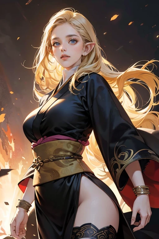 a beautiful elf girl with long blonde hair, bright green eyes, thin lips, round face, enormous breasts, wide hips, wearing a black kimono with golden embroidery and large side slits for better performance/movement in combat, a type of brown tights or leggings, spiked bracelets and tall white boots, (best quality,4k,8k,highres,masterpiece:1.2),ultra-detailed,(realistic,photorealistic,photo-realistic:1.37),detailed eyes,detailed lips,extremely detailed face,long eyelashes,elegant pose,dynamic action,cinematic lighting,vibrant colors,fantasy art