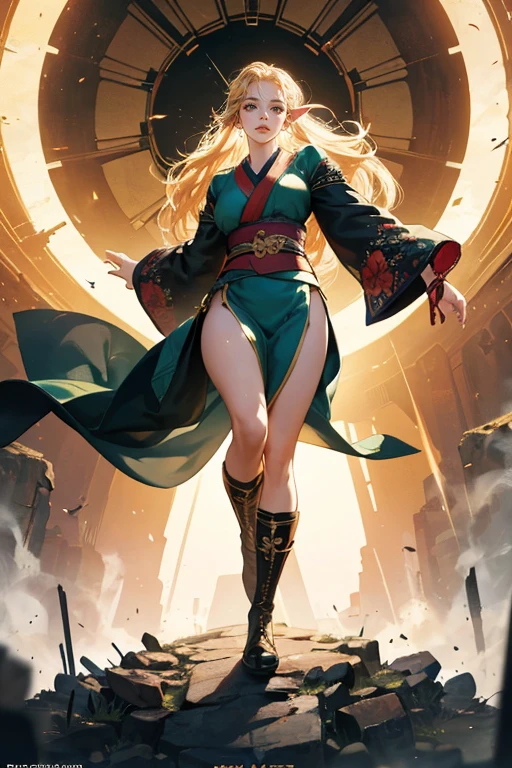 a beautiful elf girl with long blonde hair, bright green eyes, thin lips, round face, enormous breasts, wide hips, wearing a black kimono with golden embroidery and large side slits for better performance/movement in combat, a type of brown tights or leggings, spiked bracelets and tall white boots, (best quality,4k,8k,highres,masterpiece:1.2),ultra-detailed,(realistic,photorealistic,photo-realistic:1.37),detailed eyes,detailed lips,extremely detailed face,long eyelashes,elegant pose,dynamic action,cinematic lighting,vibrant colors,fantasy art