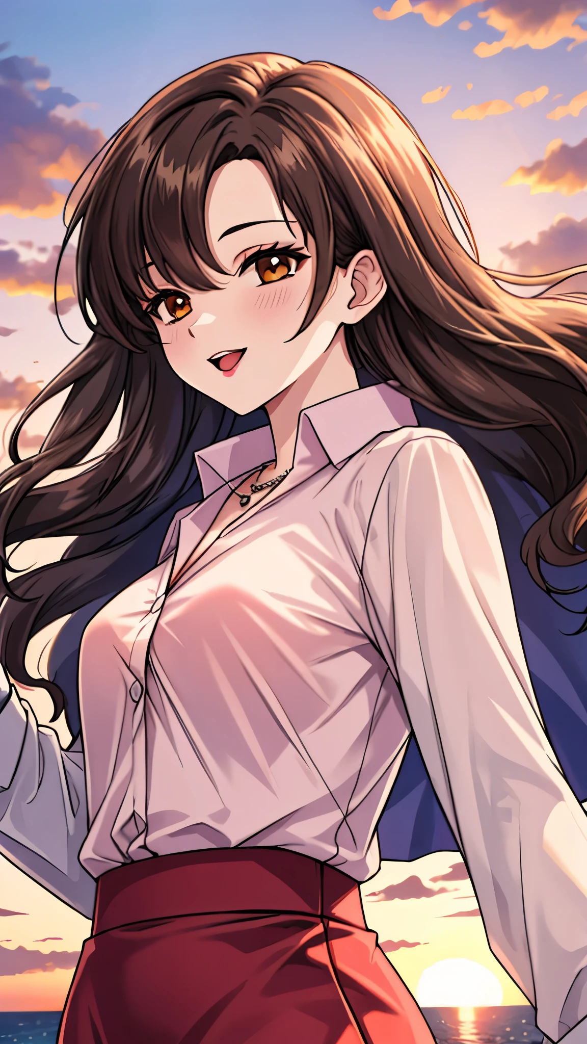 （（super high quality,））（（Ultra-high resolution,））（16K,）（super masterpiece,）（（Ultra HD ,））（Detailed shading,）Shooting from below,Upper body photo,A sexy mature woman,Wavy brown medium-long hair,Part your bangs neatly on the side,The wind lifts my hair,Thick and glossy lips,A pink shirt with a tight collar and the third button undone,Long sleeve,Red pencil skirt,necklace,happy,Put one hand on your head,Sunset rooftop,Background with sea view,