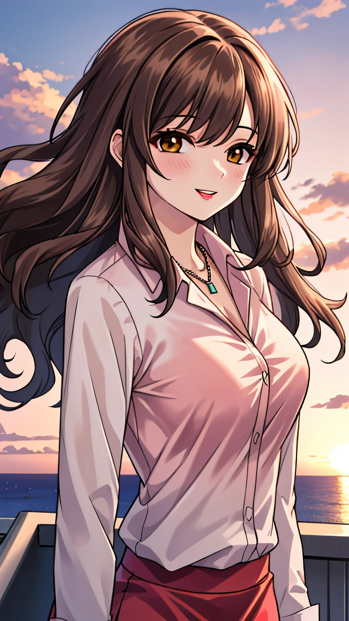 （（super high quality,））（（Ultra-high resolution,））（16K,）（super masterpiece,）（（Ultra HD ,））（Detailed shading,）Shooting from below,Upper body photo,A sexy mature woman,Wavy brown medium-long hair,Part your bangs neatly on the side,The wind lifts my hair,Thick and glossy lips,A pink shirt with a tight collar and the third button undone,Long sleeve,Red pencil skirt,necklace,happy,Put one hand on your head,Sunset rooftop,Background with sea view,