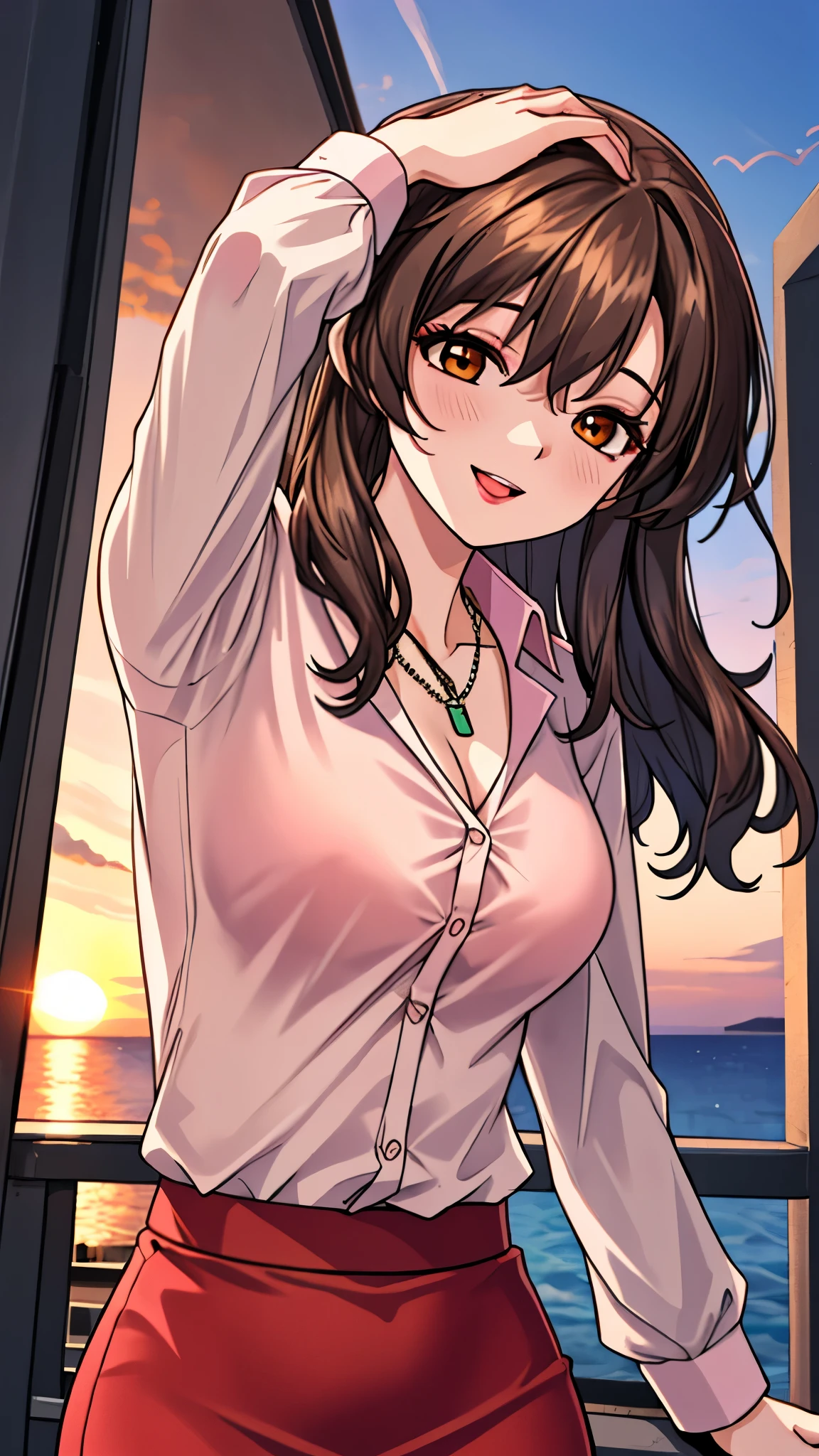 （（super high quality,））（（Ultra-high resolution,））（16K,）（super masterpiece,）（（Ultra HD ,））（Detailed shading,）Shooting from below,Upper body photo,A sexy mature woman,Wavy brown medium-long hair,Part your bangs neatly on the side,The wind lifts my hair,Thick and glossy lips,A pink shirt with a tight collar and the third button undone,Long sleeve,Red pencil skirt,necklace,happy,Put one hand on your head,Sunset rooftop,Background with sea view,