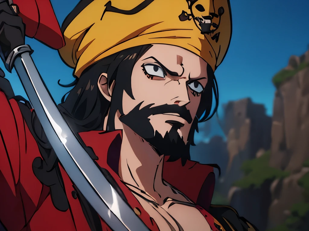 a pirate close up of with a sword and a hat, swordsman class pirate, pirate captain, high-quality character design, Black Beard, highly detailed character design, conceptual artwork detalhada de corpo inteiro, best anime character design, conceptual artwork especializada em alto detalhe, detailed anime character art, of one piece, pirate clothes, black pirate clothes, wearing a green bandana, wearing green poncho, conceptual artwork, One Piece style anime