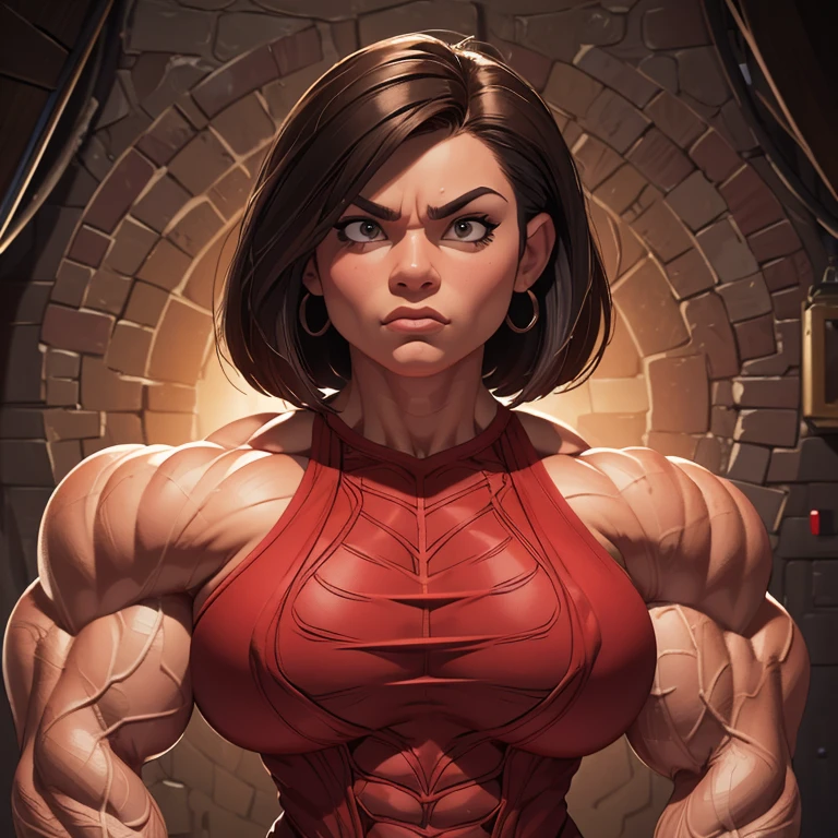 (masterpiece:1.2), (best quality), (ultra detailed), (8k, 4k, intricate),(full-body-shot:1), (highly detailed:1.2),(detailed face:1.2), (detailed background), muscle woman with classic short, layered bob brunette hair flexing massive muscles, most muscular pose, girl with huge muscles, muscle girl, 