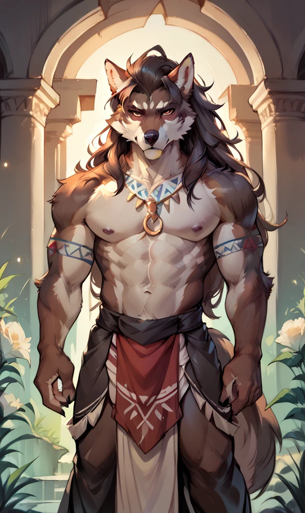 anthropomorphic, (wolf), male, beautiful, attractive, tribal clothing, shapely body, fur, large, sensual, attentive eyes, (serious expression), appropriate scenery, (great lighting), (masterpiece), (best quality), (random view)