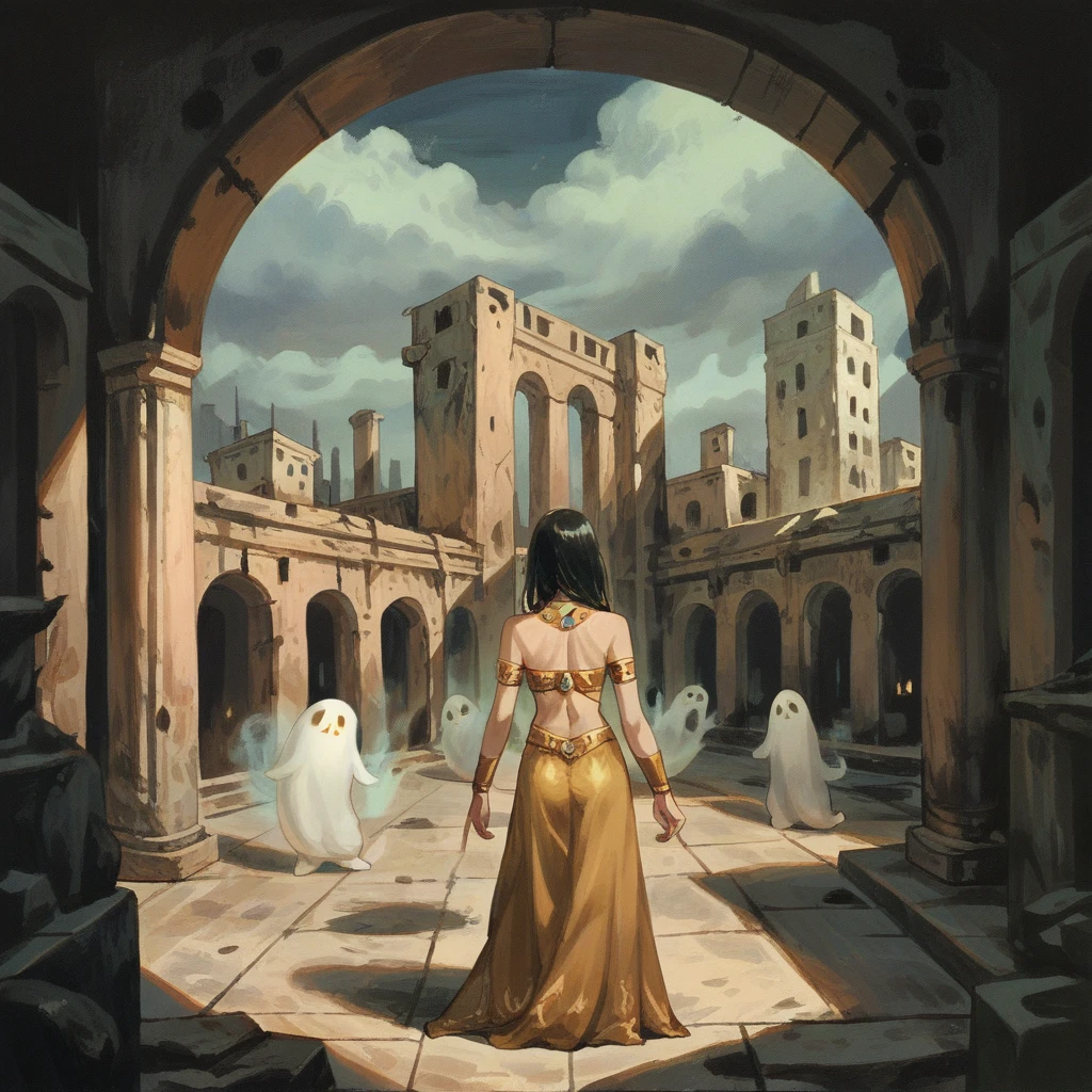 1 very pale skin girl, dark blue oriental dancer dress with gold jewelry , long dark hair, she dances surrounded by ghosts, ruins of a large foggy medieval city at night in background, detail richness, masterpiece, best quality