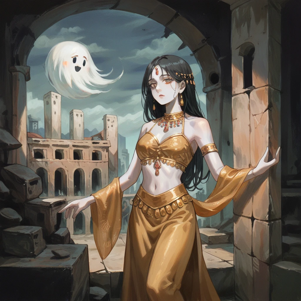 1 very pale skin girl, dark blue oriental dancer dress with gold jewelry , long dark hair, she dances surrounded by ghosts, ruins of a large foggy medieval city at night in background, detail richness, masterpiece, best quality