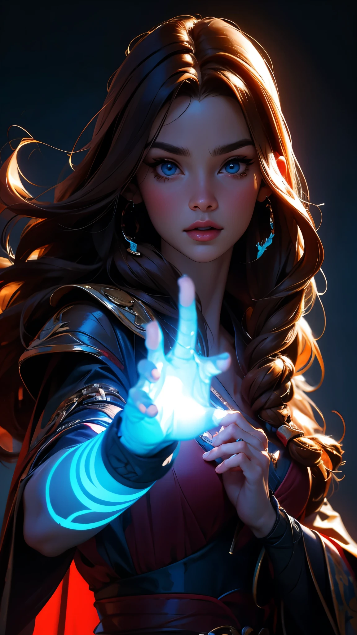 envision a 8k, highres, cinematic, beautiful extreme close up face Pinup of a sexy lady with a slender muscular body, strong mature older face, (((long brown hair))), side locks, long bangs, blue eyes, mystic robes, magic red cape, ((((1girl)))), in dark lighting, against a dark gray background