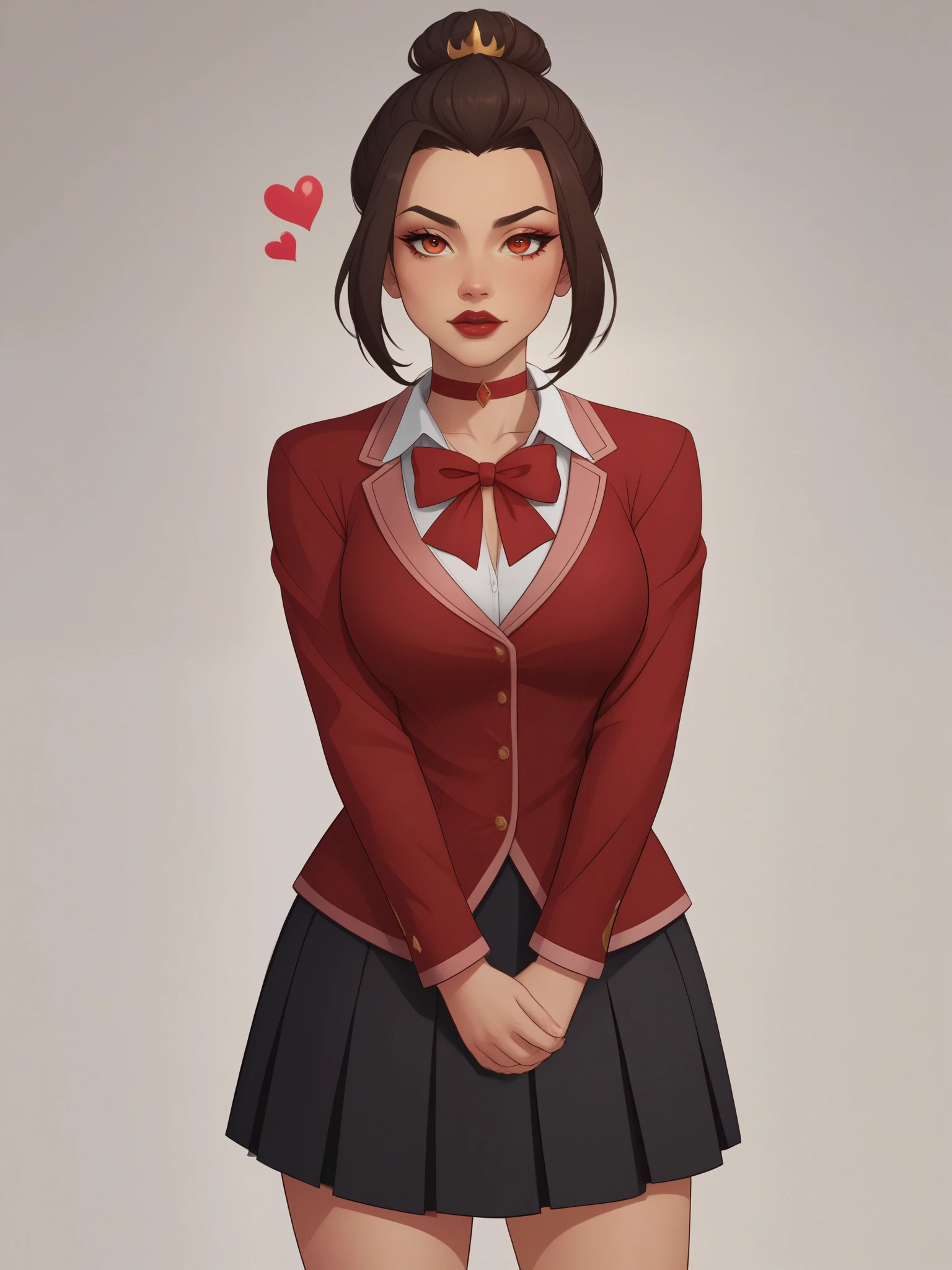 Azula. (a beautiful, young, fair-skinned, amber-eyed and slender girl of medium height. Azula's makeup consists of mascara and red lipstick. Azula also has wavy dark brown hair down to the middle of her back with two additional strands above her shoulders. choker. school uniform. skirt. cardigan. heart