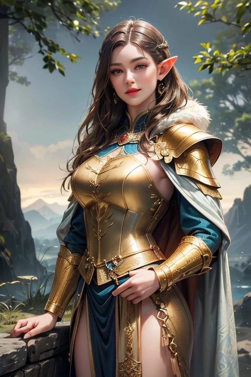 a beautiful and attractive elf with brown hair and grey eyes, wearing a fine and elegant golden armor with a blue electric pattern engraved on the armor, with a thick fur cloak and a sword in hand, standing on a mountain overlooking a dense forest valley, a castle in the distance, a smile on the face, jewelry, earrings, (best quality,4k,8k,highres,masterpiece:1.2),ultra-detailed,(realistic,photorealistic,photo-realistic:1.37),HDR,UHD,studio lighting,ultra-fine painting,sharp focus,physically-based rendering,extreme detail description,professional,vivid colors,fantasy,cinematic lighting,dramatic lighting,epic,heroic