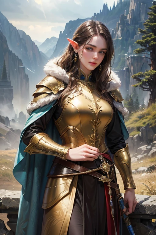 a beautiful and attractive elf with brown hair and grey eyes, wearing a fine and elegant golden armor with a blue electric pattern engraved on the armor, with a thick fur cloak and a sword in hand, standing on a mountain overlooking a dense forest valley, a castle in the distance, a smile on the face, jewelry, earrings, (best quality,4k,8k,highres,masterpiece:1.2),ultra-detailed,(realistic,photorealistic,photo-realistic:1.37),HDR,UHD,studio lighting,ultra-fine painting,sharp focus,physically-based rendering,extreme detail description,professional,vivid colors,fantasy,cinematic lighting,dramatic lighting,epic,heroic