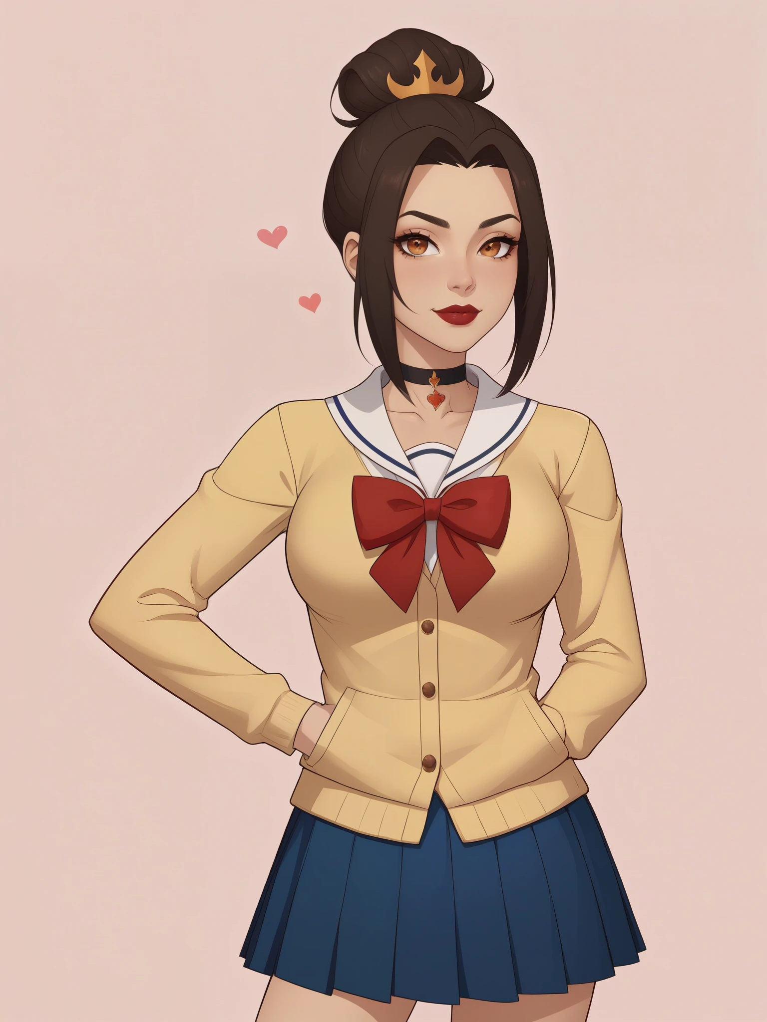 Azula. (a beautiful, young, fair-skinned, amber-eyed and slender girl of medium height. Azula's makeup consists of mascara and red lipstick. Azula also has wavy dark brown hair down to the middle of her back with two additional strands above her shoulders. choker. school uniform. skirt. cardigan. heart