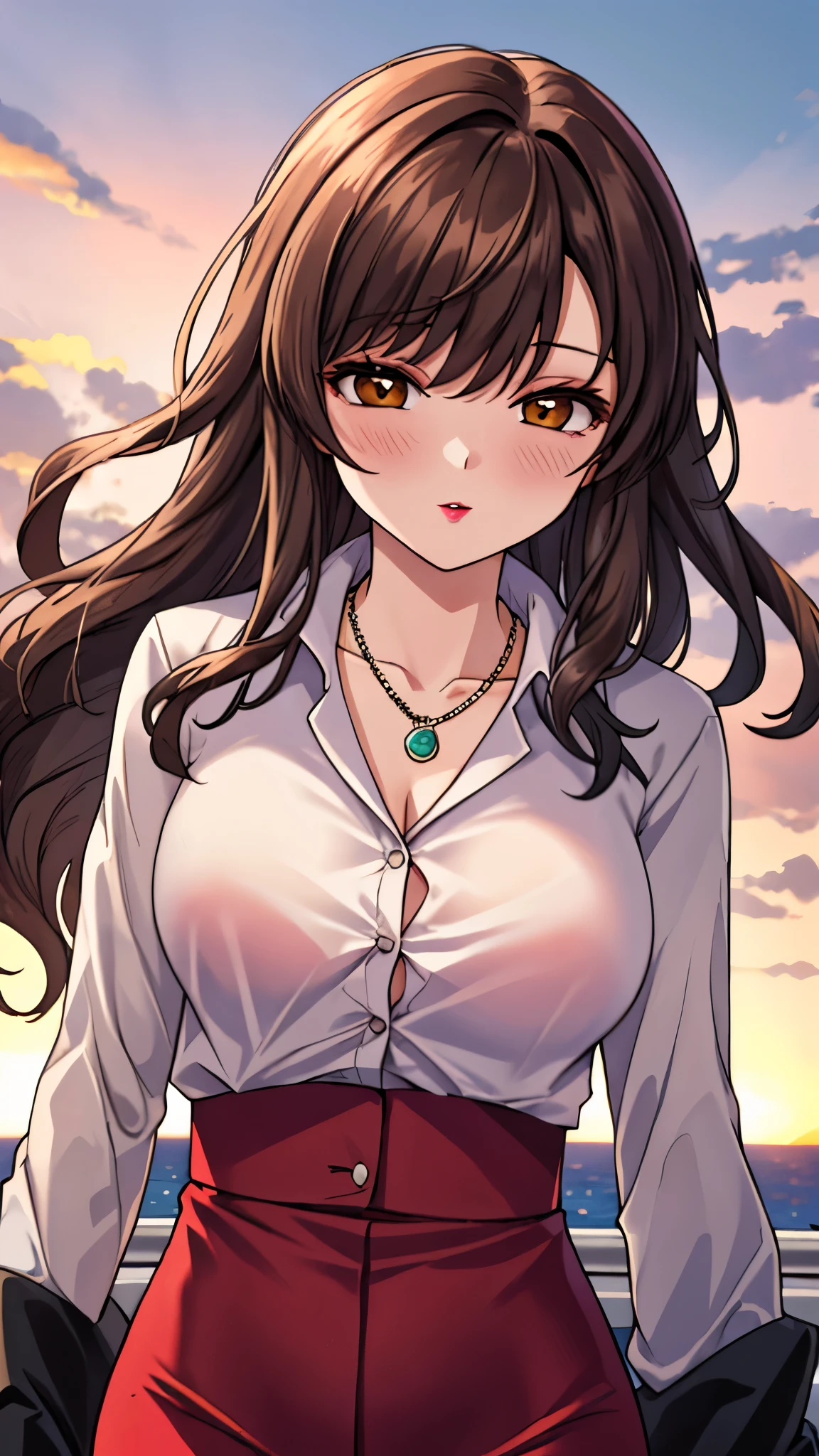 （（super high quality,））（（Ultra-high resolution,））（16K,）（super masterpiece,）（（Ultra HD ,））（Detailed shading,）Shooting from below,Upper body photo,A sexy mature woman,Wavy brown medium-long hair,Part your bangs neatly on the side,The wind lifts my hair,Thick and glossy lips,A pink shirt with a tight collar and the third button undone,Long sleeve,Red pencil skirt,necklace,Sunset rooftop,Background with sea view,