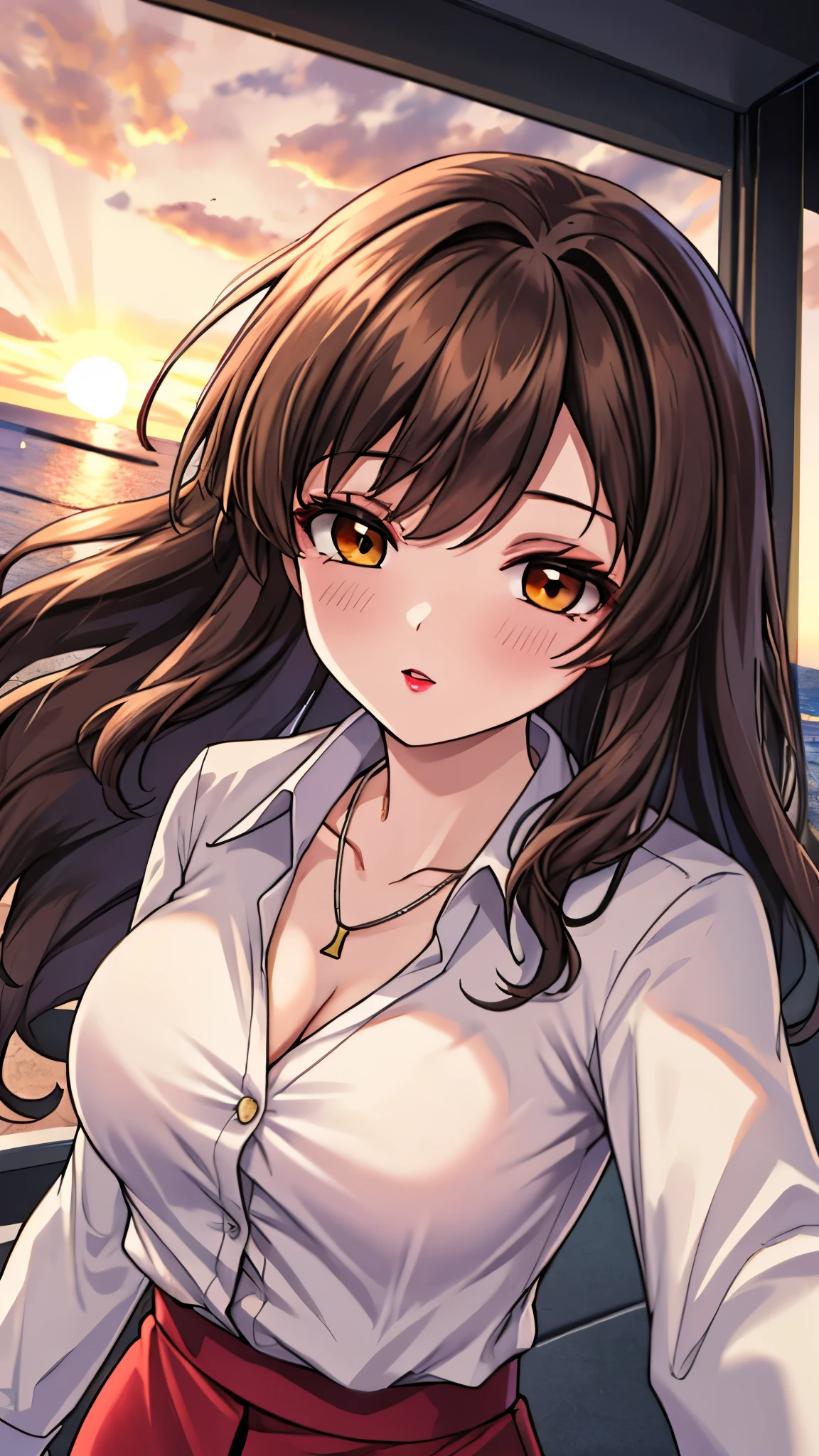 （（super high quality,））（（Ultra-high resolution,））（16K,）（super masterpiece,）（（Ultra HD ,））（Detailed shading,）Shooting from below,Upper body photo,A sexy mature woman,Wavy brown medium-long hair,Part your bangs neatly on the side,The wind lifts my hair,Thick and glossy lips,A pink shirt with a tight collar and the third button undone,Long sleeve,Red pencil skirt,necklace,Sunset rooftop,Background with sea view,