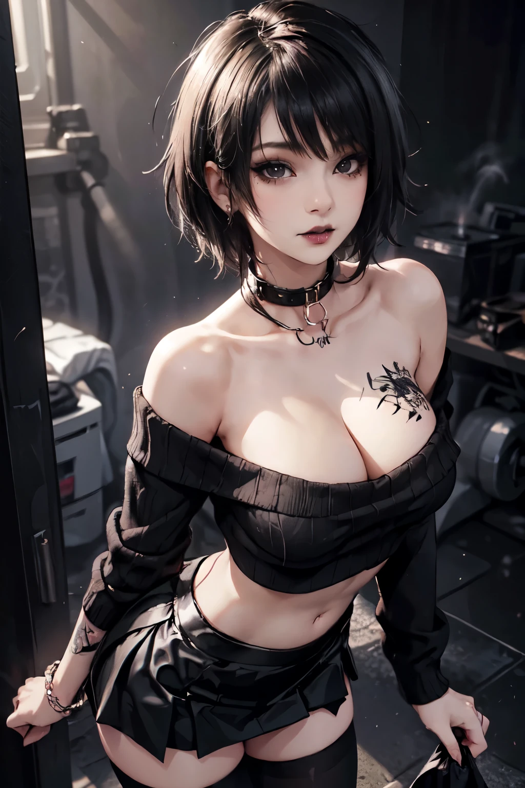 Sexy woman,Beautiful black hair, Cinema Lighting, Ultra-high resolution, Accurate, Super detailed, Textured skin, High detail, highest quality, 8k,Thin bangs, Detailed Hair,Detailed eyes,Detailed facial expressions,Focus on the face,Graffiti WallHIP-HOP Fashion,Ripped jeans,Alley,Oblique angle,Tribal Tattoos,