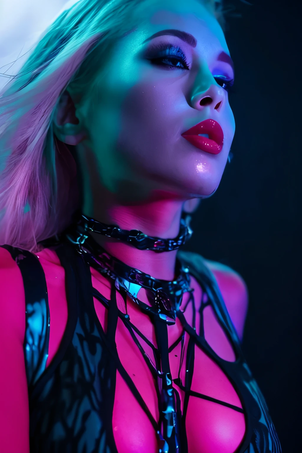 beautiful  Rocket girl with Nordic features, upturned nose, blue eyes, red lipstick, leopard print T-shirt with wide neckline and transparent parts, chains, spike, fishnet leggings revealing a pink leopard print thong, eyes looking up, top view. (((dark ambient, colorful lighting))). 