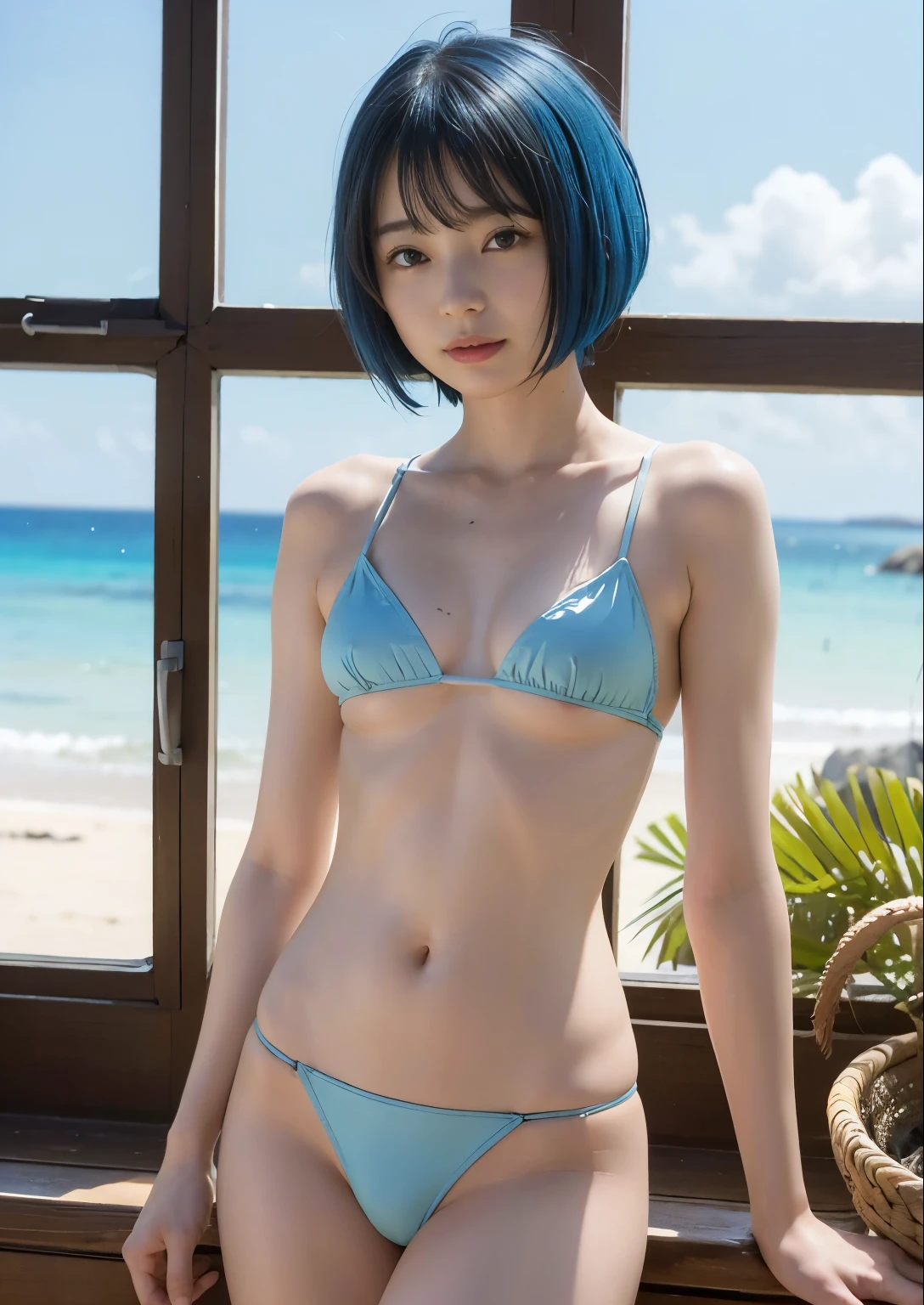 best quality、covering chest by hand、medium breasts、Blue Hair、Beach