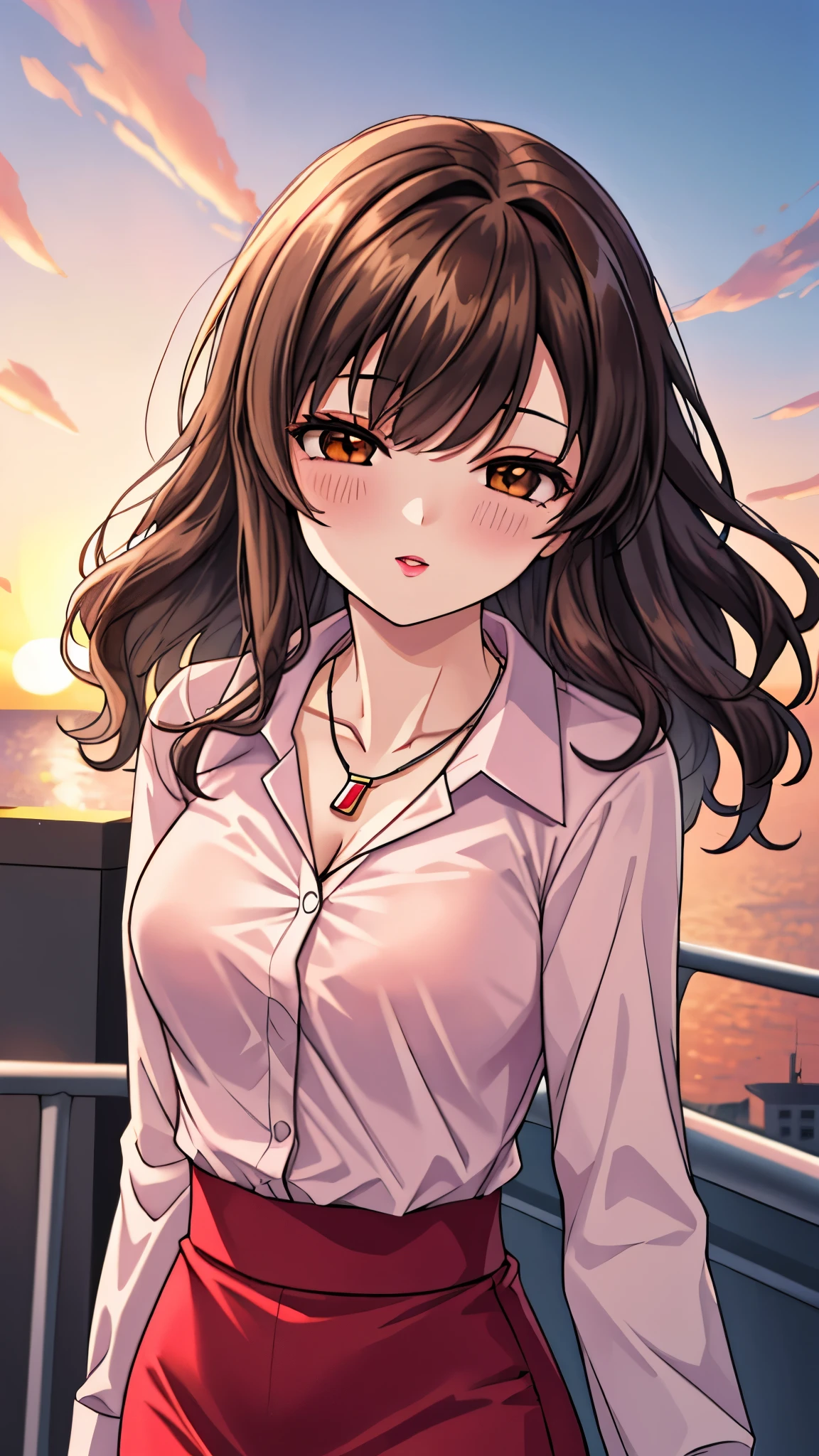 （（super high quality,））（（Ultra-high resolution,））（16K,）（super masterpiece,）（（Ultra HD ,））（Detailed shading,）Shooting from below,Upper body photo,A sexy mature woman,Wavy brown medium-long hair,Part your bangs neatly on the side,The wind lifts my hair,Thick and glossy lips,A pink shirt with a tight collar and the third button undone,Long sleeve,Red pencil skirt,necklace,Put one hand on your head,Sunset rooftop,Background with sea view,