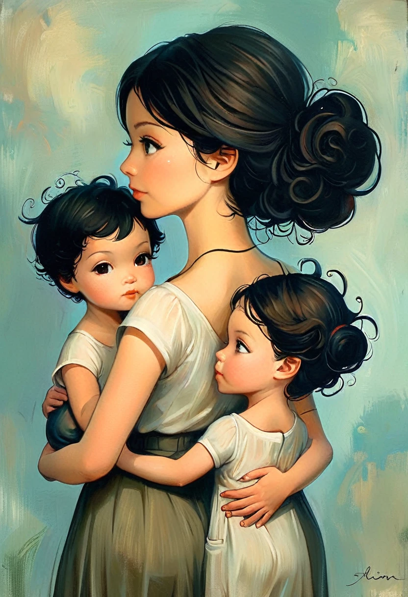 Oil Painting A Beautiful Image of a Mother of Twin Babies. She is facing away with her hair tied in a slightly loose bun highlighting her curls.. the children,of about 2 years, are on her lap and put one of her arms around her mother&#39;s back. Most of the brothers are on the mother&#39;s back.
work of art, high resolution, Bblack hair, rear view, Masterpiece artwork, best qualityer, plein-air, Modern minimalist illustration, subdued colors, 