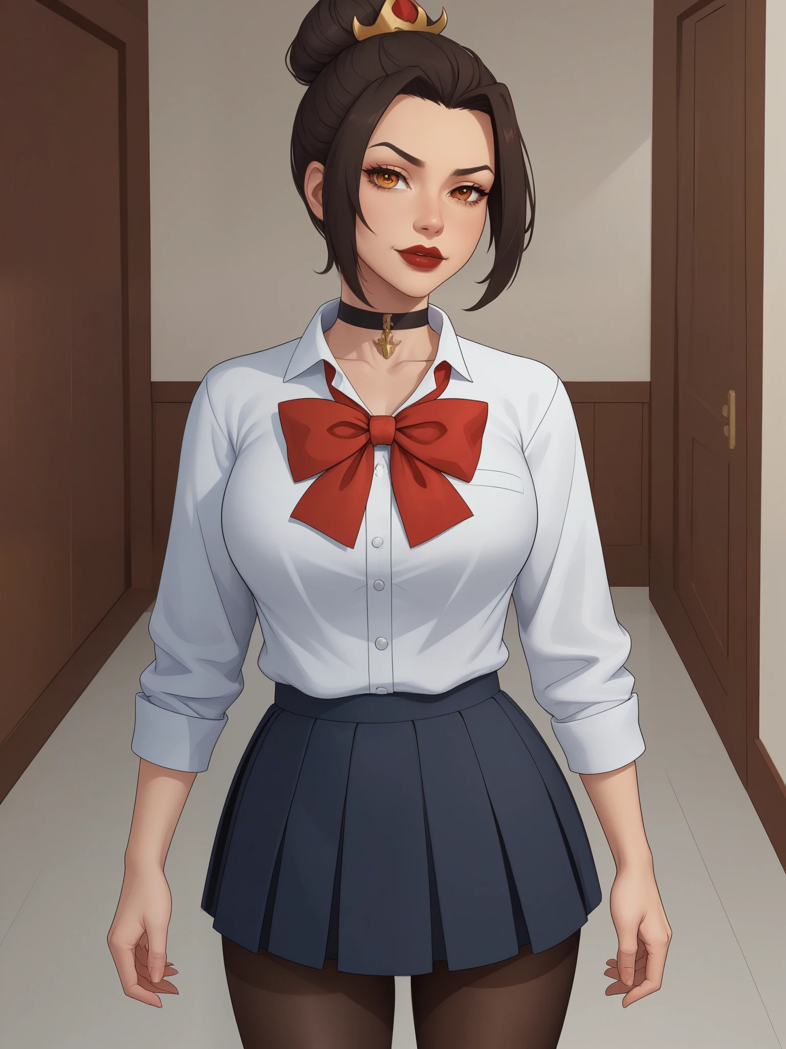 Azula. (a beautiful, young, fair-skinned, amber-eyed and slender girl of medium height. Azula's makeup consists of mascara and red lipstick. Azula also has wavy dark brown hair down to the middle of her back with two additional strands above her shoulders. choker. school uniform. skirt. cardigan. heart