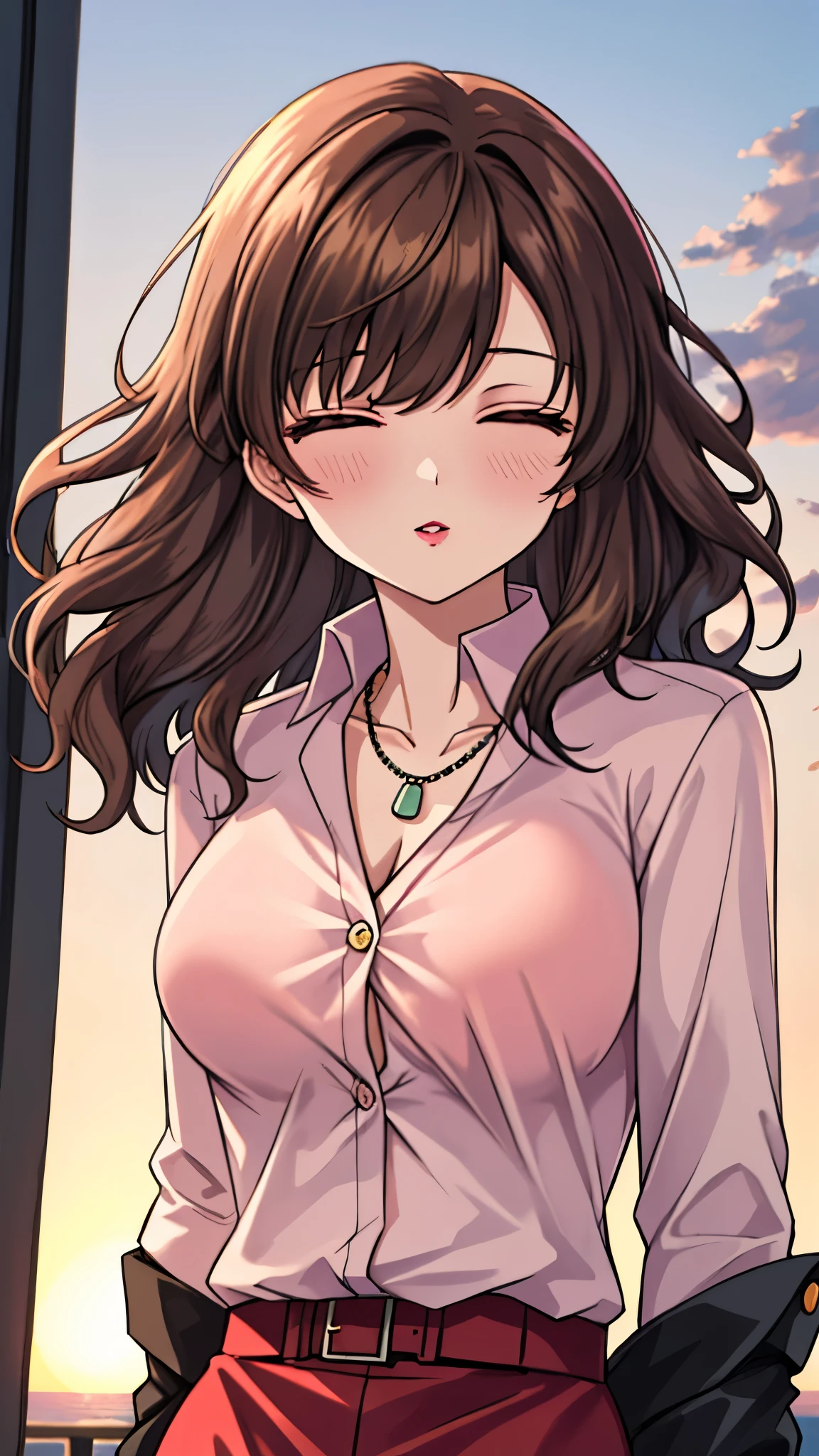 （（super high quality,））（（Ultra-high resolution,））（16K,）（super masterpiece,）（（Ultra HD ,））（Detailed shading,）Shooting from below,Upper body photo,A sexy mature woman,Wavy brown medium-long hair,Part your bangs neatly on the side,The wind lifts my hair,Thick and glossy lips,A pink shirt with a tight collar and the third button undone,Long sleeve,Red pencil skirt,necklace,Put one hand on your head,Sunset rooftop,Background with sea view,