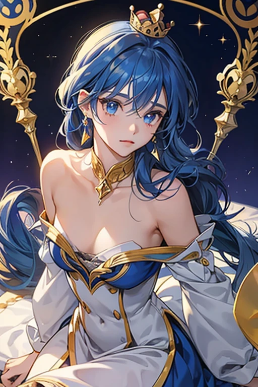 ((highest quality)), ((masterpiece)), (detailed), （Perfect Face）、The woman is Sarah Mercury and has short blue hair.、A gorgeous blue see-through dress with a long slit that lets you see right through to the skin, a see-through cape with fur, a necklace with jewels, a tiara, earrings, a head dress-up chain, a waist chain, bracelets, ankle bracelets, etc.々She wears lavish jewelry and shiny blue boots.