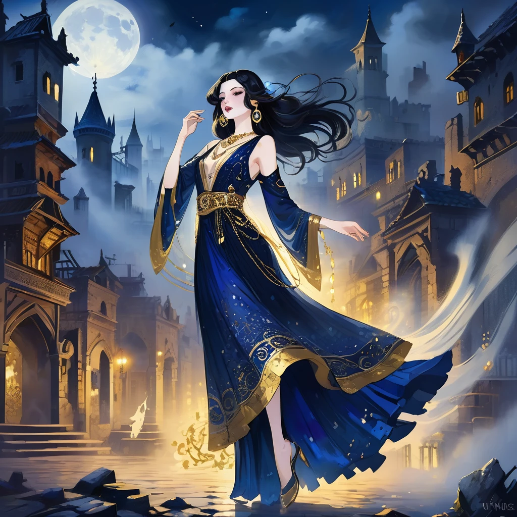 1 very pale skin girl, dark blue oriental dancer dress with gold jewelry , long dark hair, she dances surrounded by ghosts, ruins of a large foggy medieval city at night in background, detail richness, masterpiece, best quality