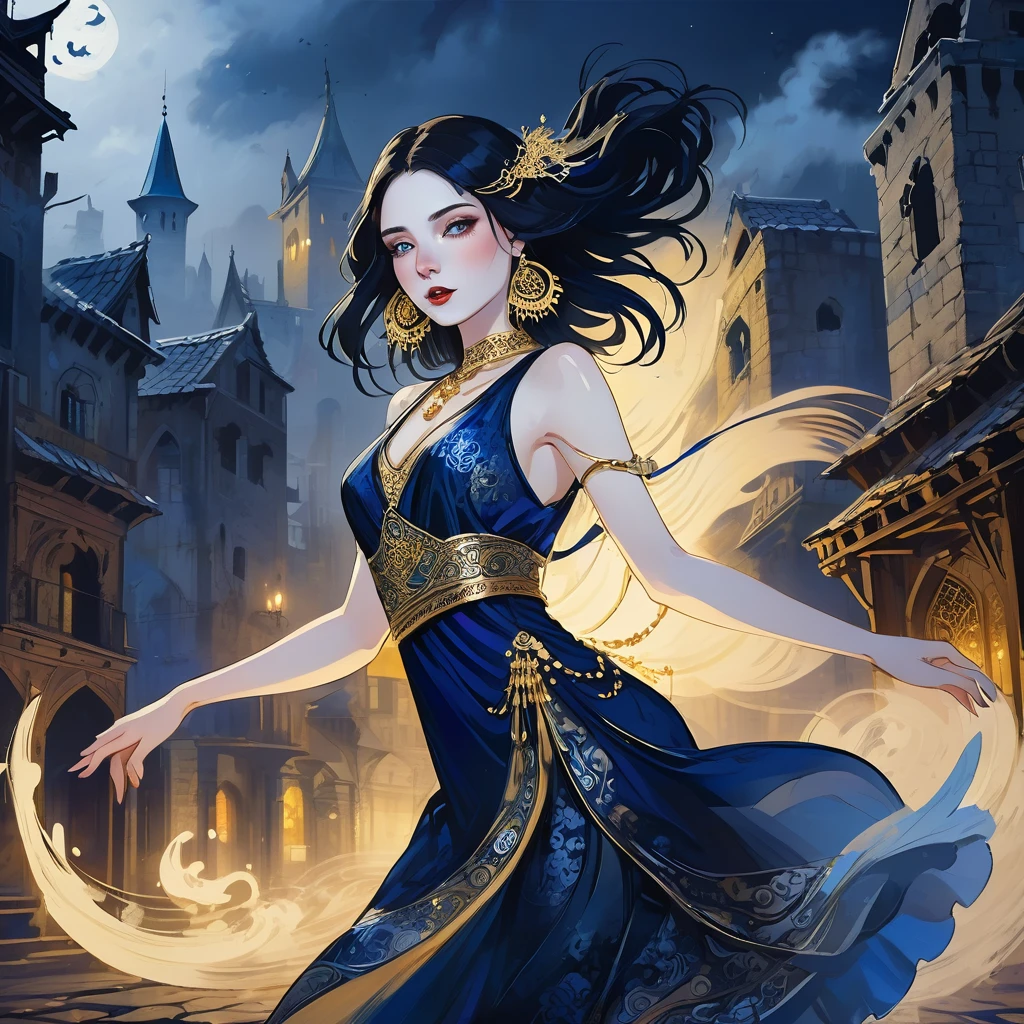 1 very pale skin girl, dark blue oriental dancer dress with gold jewelry , long dark hair, she dances surrounded by ghosts, ruins of a large foggy medieval city at night in background, detail richness, masterpiece, best quality