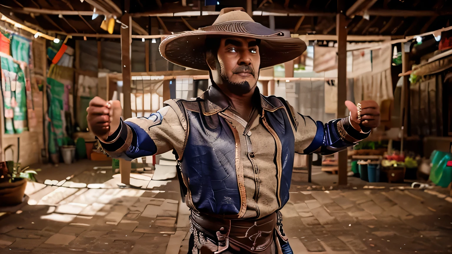 Mexican man with light brown skin, black mustache, wrinkles on his face, corpulent. Black hair with gray. Wears a brown leather jacket and blue jeans with cowboy boots. Fighting pose, defiant look. In the middle of a stable.