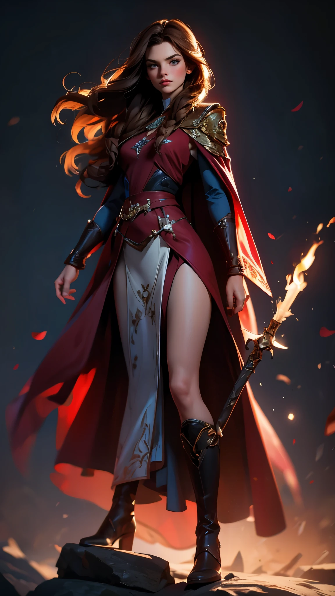 envision a 8k, highres, cinematic, beautiful full body Pinup of a sexy lady with a slender muscular body, strong mature older face, (((long brown hair))), side locks, long bangs, blue eyes, mystic robes, magic red cape, skirt, boots, ((((1girl)))), in dark lighting, against a dark gray background