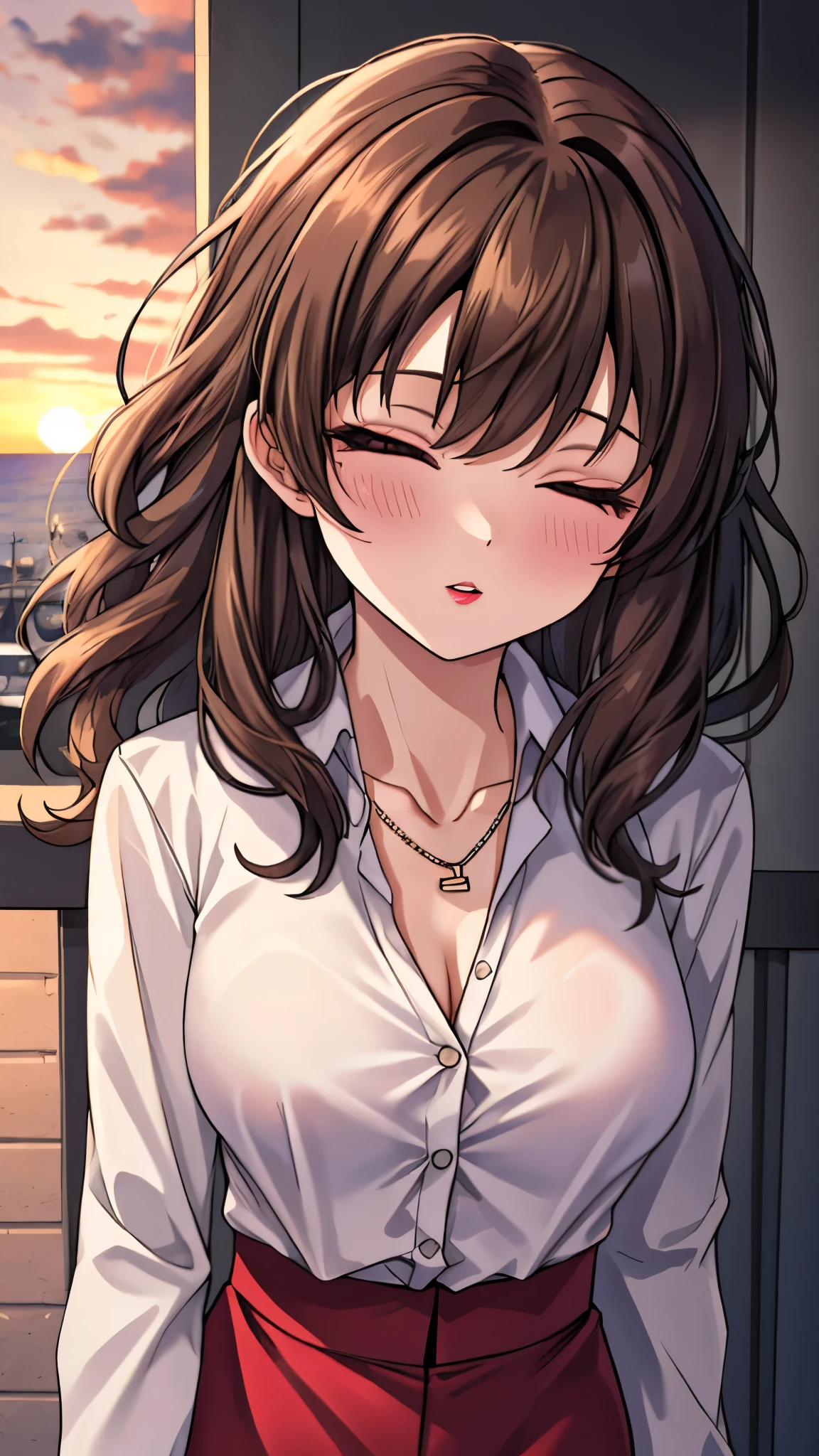 （（super high quality,））（（Ultra-high resolution,））（16K,）（super masterpiece,）（（Ultra HD ,））（Detailed shading,）Shooting from above,Upper body photo,A sexy mature woman,Wavy brown medium-long hair,Part your bangs neatly on the side,The wind lifts my hair,Thick and glossy lips,A pink shirt with a tight collar and the third button undone,Long sleeve,Red pencil skirt,necklace,Put one hand on your head,Sunset rooftop,Background with sea view,