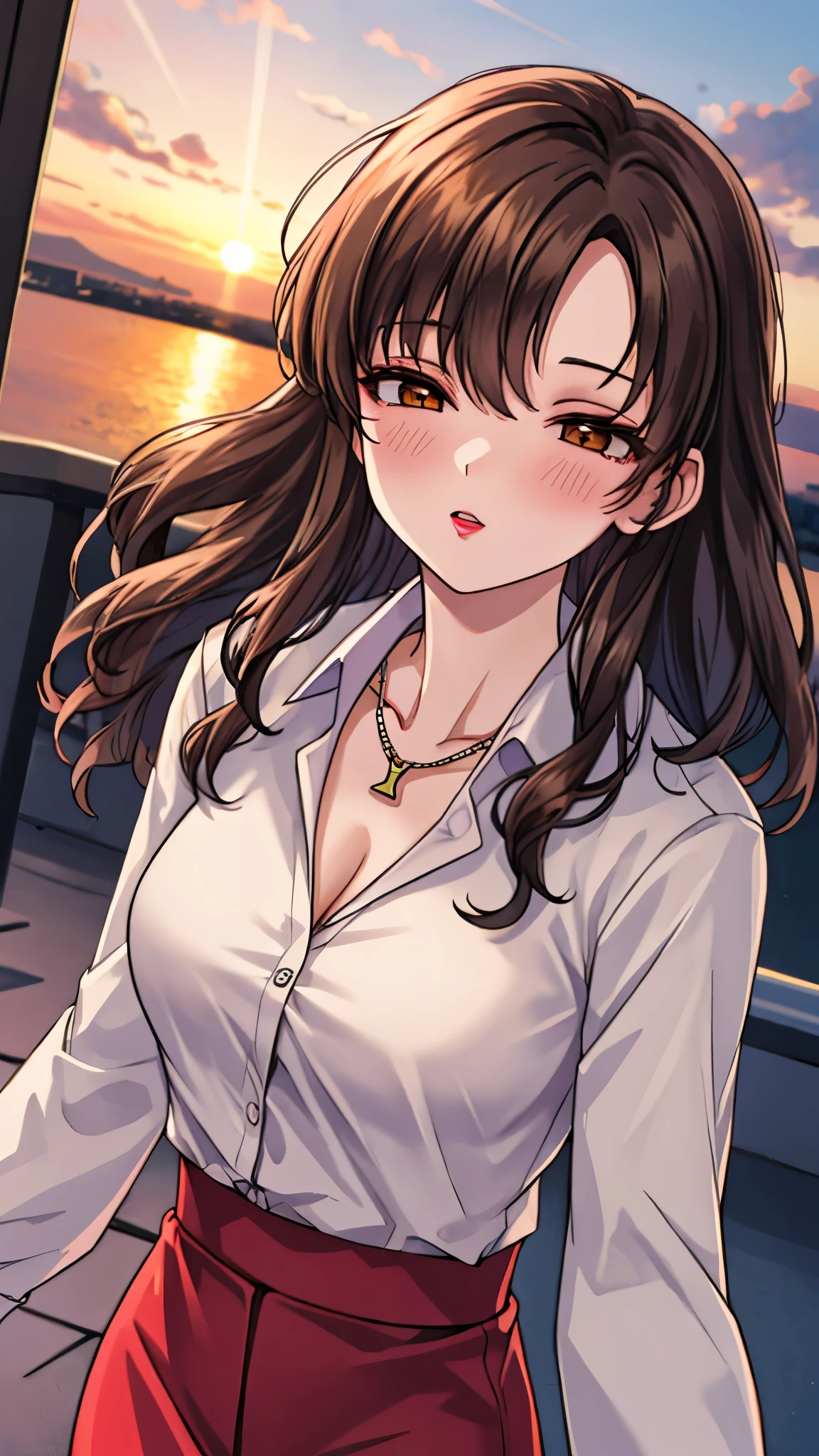 （（super high quality,））（（Ultra-high resolution,））（16K,）（super masterpiece,）（（Ultra HD ,））（Detailed shading,）Shooting from above,Upper body photo,A sexy mature woman,Wavy brown medium-long hair,Part your bangs neatly on the side,The wind lifts my hair,Thick and glossy lips,A pink shirt with a tight collar and the third button undone,Long sleeve,Red pencil skirt,necklace,Put one hand on your head,Sunset rooftop,Background with sea view,