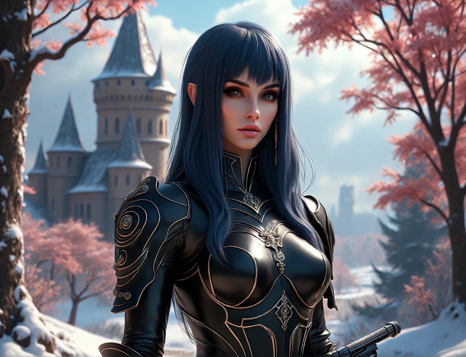 there is a woman in a black outfit holding a gun, epic fantasy art style hd, fantasy art style, 2. 5 d cgi anime fantasy artwork, 3 d render character art 8 k, alluring elf princess knight, epic fantasy digital art style, epic fantasy art style, beautiful female knight, 4k fantasy art, artgerm ; 3d unreal engine