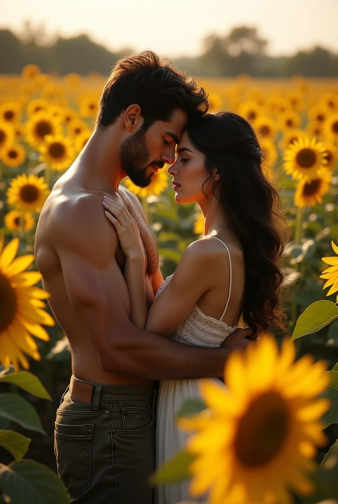 2 young gay men in love handsome beautiful white skin skinny soft skin cowboy with a sunflower in his hand in the sunflower field shirtless on top of a horse wanting to give a surprise by covering his eyes 