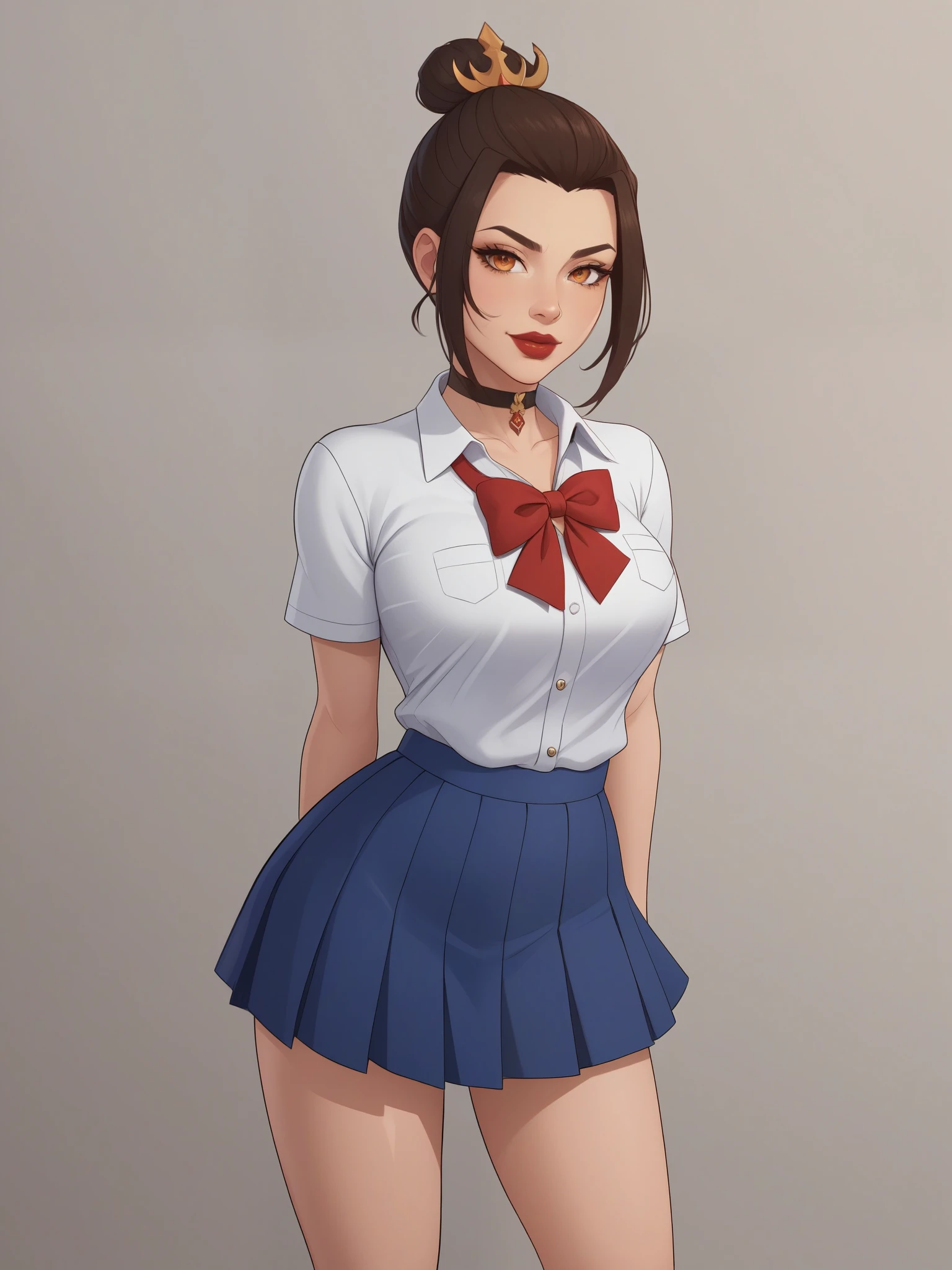 Azula. (a beautiful, young, fair-skinned, amber-eyed and slender girl of medium height. Azula's makeup consists of mascara and red lipstick. Azula also has wavy dark brown hair down to the middle of her back with two additional strands above her shoulders. choker. school uniform. skirt. cardigan. heart