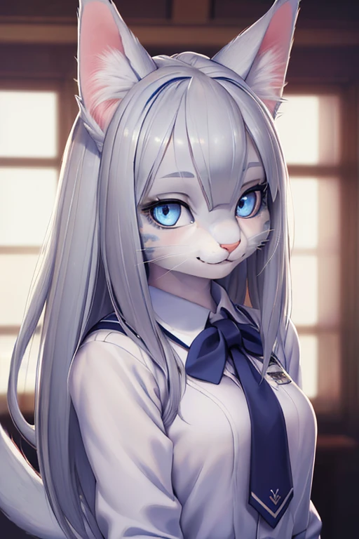 a beautiful detailed girl, 1 girl, long gray hair, blue eyes, looking at viewer, smiling, cat girl, animal ears, furry, tail, body hair, student uniform, (best quality,4k,8k,highres,masterpiece:1.2),ultra-detailed,(realistic,photorealistic,photo-realistic:1.37), illustration