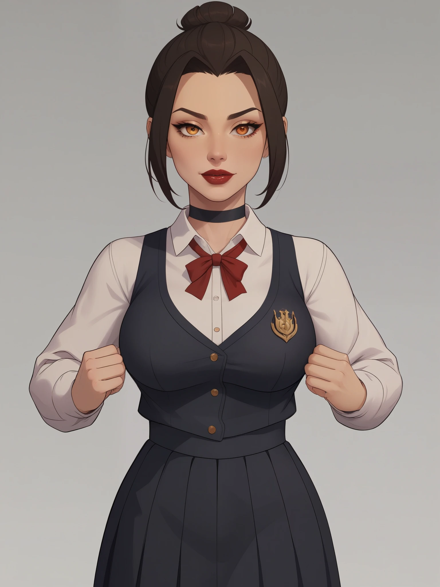 Azula. (a beautiful, young, fair-skinned, amber-eyed and slender girl of medium height. Azula's makeup consists of mascara and red lipstick. Azula also has wavy dark brown hair down to the middle of her back with two additional strands above her shoulders. choker. school uniform. skirt. cardigan. heart