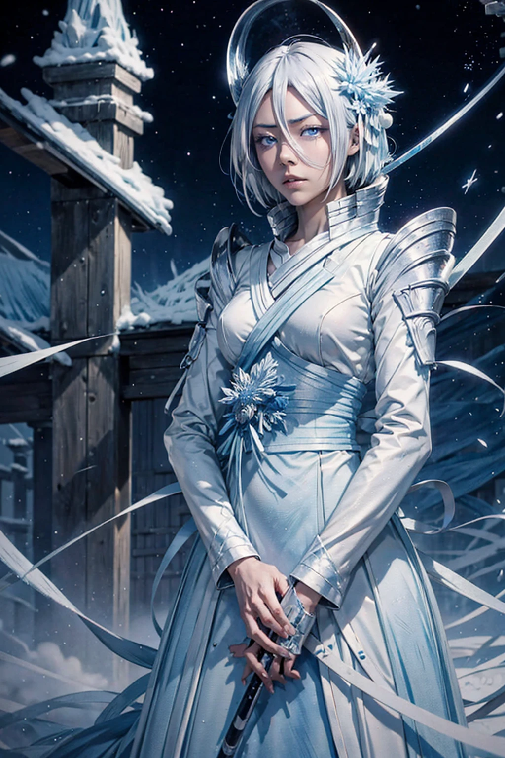 A digital art of Rukia Kuchiki, Bankai form(Hakka no Togame), from anime Bleach, standing, Full body, short white hair, reflective light blue eyes, reflective frozen katana, ice particles, snowflakes, hyper detailed, hyper realistic, look at the the viewer, 4k, wide depth of field, radiant mapping, high dynamic range, masterpiece, intricate backround,