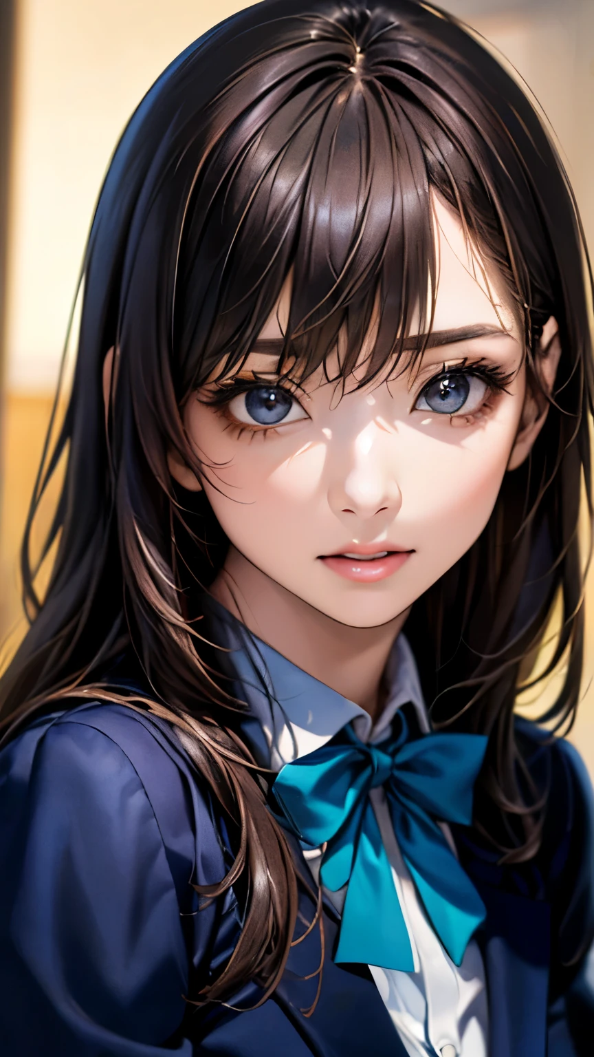 (hig彼st quality、8k、32K、masterpiece)、(Realistic)、(Realistic:1.2)、(High resolution)、Very detailed、Very beautiful face and eyes、1 girl、Delicate body、(hig彼st quality、Attention to detail、Rich skin detail)、(hig彼st quality、8k、Oil paints:1.2)、Very detailed、(Realistic、Realistic:1.37)、Bright colors、Full Body Shot, ((high school girl:1.6, Navy Blazer:1.6, Navy pleated mini skirt)), (Closed blazer, Grey bow tie, White collared shirt, Black thigh-high socks)