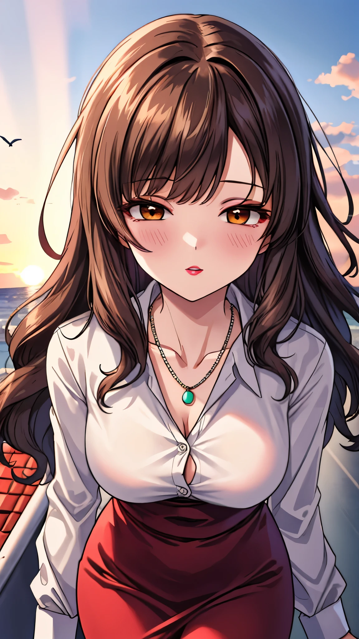 （（super high quality,））（（Ultra-high resolution,））（16K,）（super masterpiece,）（（Ultra HD ,））（Detailed shading,）Shooting from above,Front view of face,A sexy mature woman,Wavy brown medium-long hair,Part your bangs neatly on the side,The wind lifts my hair,Thick and glossy lips,A pink shirt with a tight collar and the third button undone,Long sleeve,Red pencil skirt,necklace,Spread your hands out towards the camera,Sunset rooftop,Background with sea view,