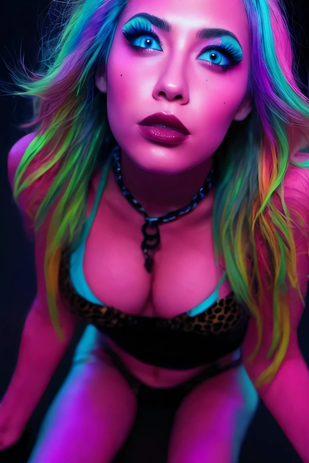 beautiful  Rocket girl with Nordic features, upturned nose, blue eyes, red lipstick, leopard print T-shirt with wide neckline and transparent parts, chains, spike, fishnet leggings revealing a pink leopard print thong, eyes looking up, top view. (((dark ambient, colorful lighting))). 