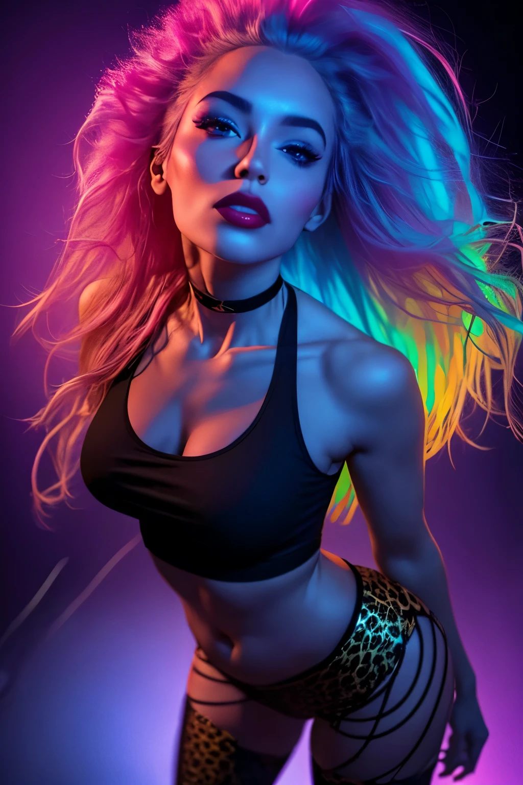 beautiful  Rocket girl with Nordic features, upturned nose, blue eyes, red lipstick, leopard print T-shirt with wide neckline and transparent parts, chains, spike, fishnet leggings revealing a pink leopard print thong, eyes looking up, top view. (((dark ambient, colorful lighting))). 