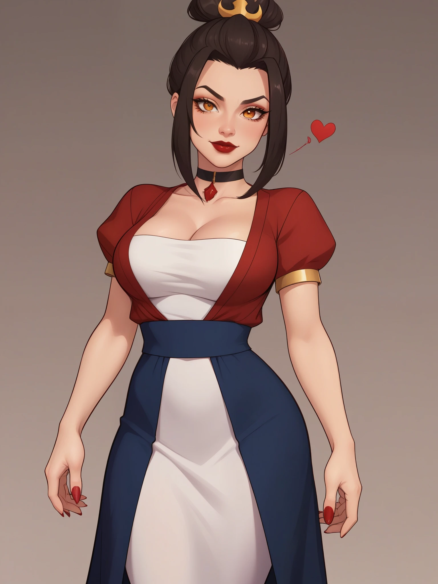 Azula. (a beautiful, young, fair-skinned, amber-eyed and slender girl of medium height. Azula's makeup consists of mascara and red lipstick. Azula also has wavy dark brown hair down to the middle of her back with two additional strands above her shoulders. choker. school dress. skirt. cardigan. heart