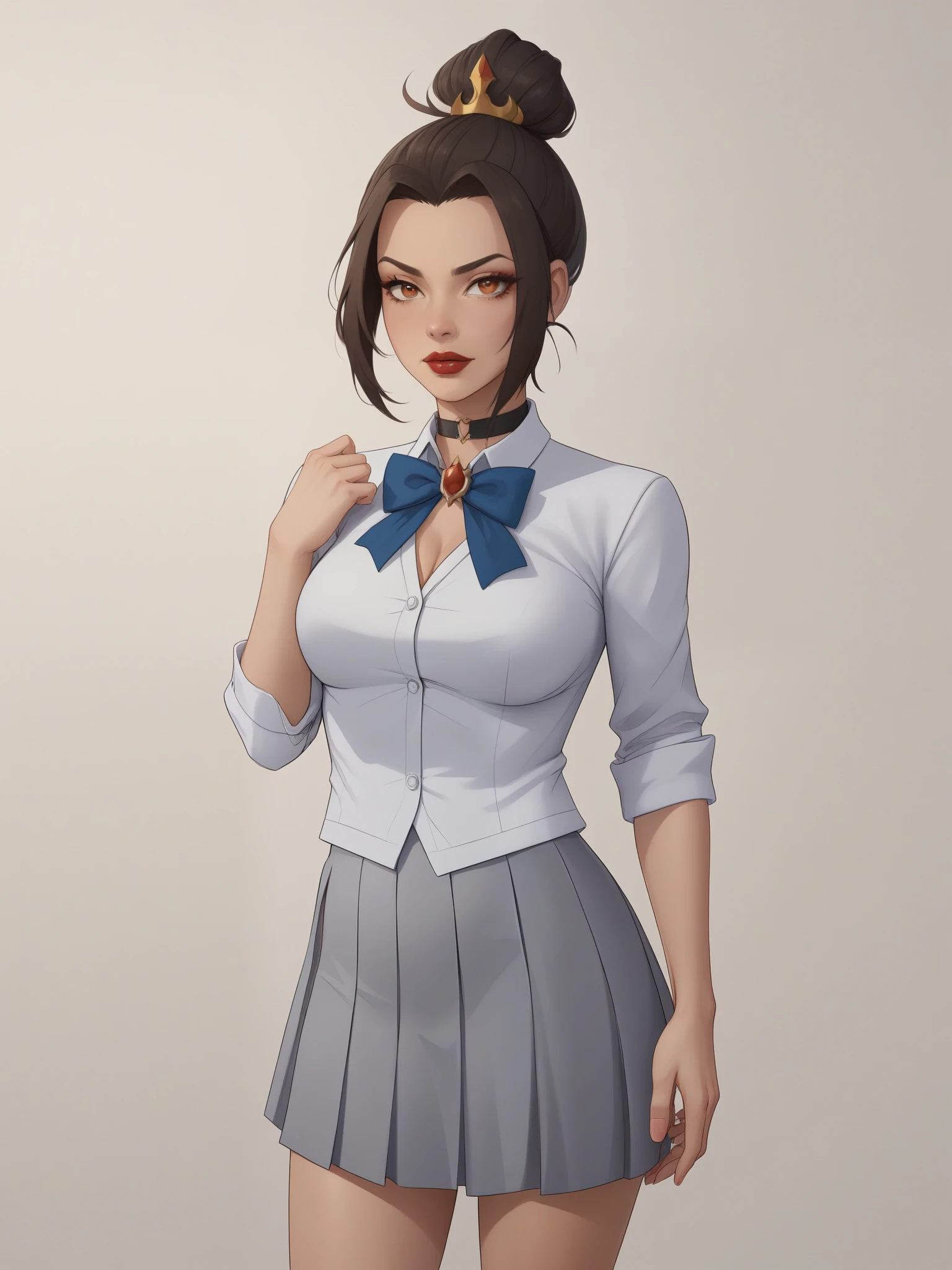 Azula. (a beautiful, young, fair-skinned, amber-eyed and slender girl of medium height. Azula's makeup consists of mascara and red lipstick. Azula also has wavy dark brown hair down to the middle of her back with two additional strands above her shoulders. choker. school uniform. skirt. cardigan. heart